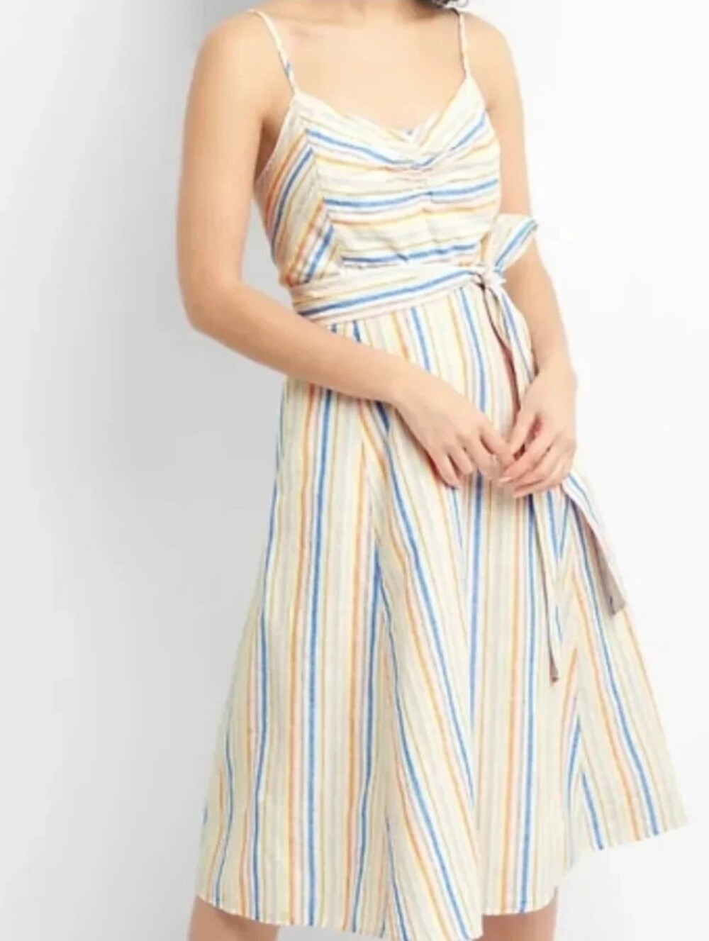 Gap Fit & Flare Linen Cotton Straps Dress Knee Striped White Blue Pink 12 Lined